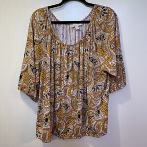 Michael Kors Womens Blouse Six 3X Gold Yellow Black Paisley Print Elastic Waist